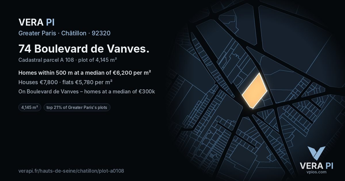 74 Boulevard de Vanves, Châtillon at night – the plot lit, the parcels around coloured by the prices near them