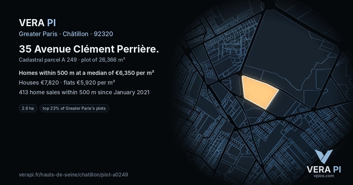 35 Avenue Clément Perrière, Châtillon at night – the plot lit, the parcels around coloured by the prices near them