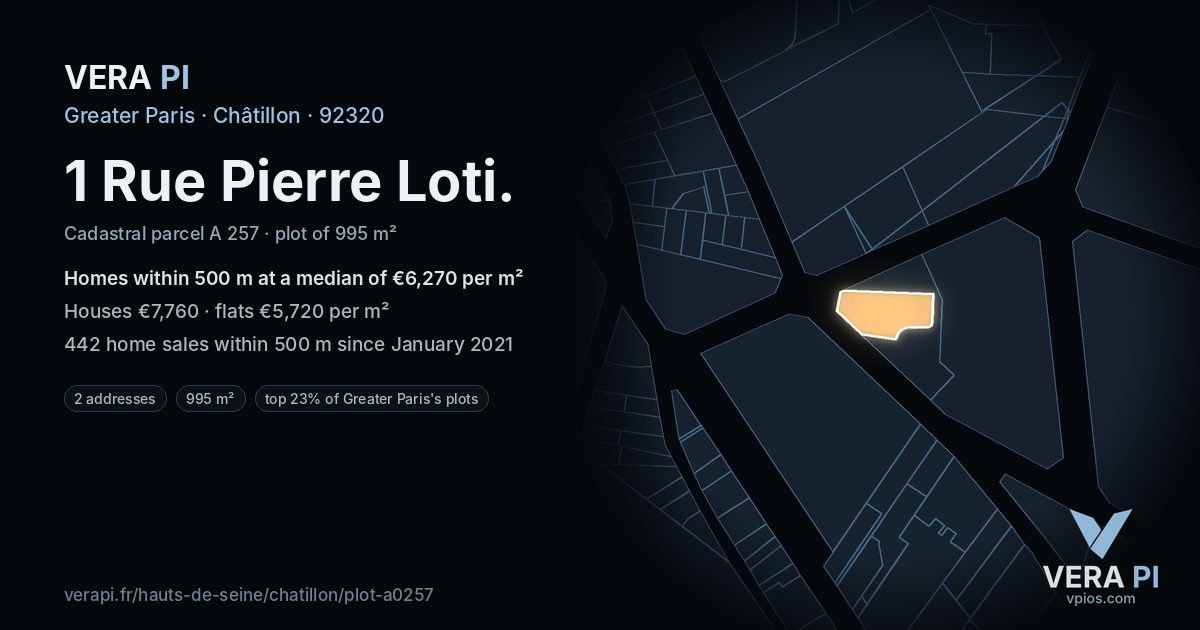 1 Rue Pierre Loti, Châtillon at night – the plot lit, the parcels around coloured by the prices near them