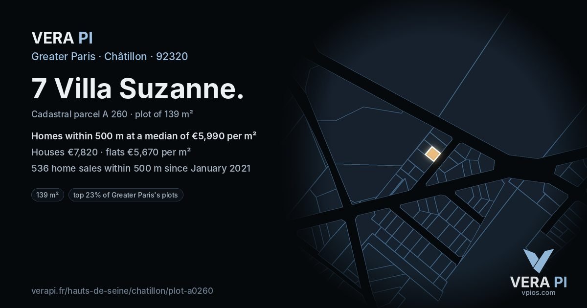 7 Villa Suzanne, Châtillon at night – the plot lit, the parcels around coloured by the prices near them