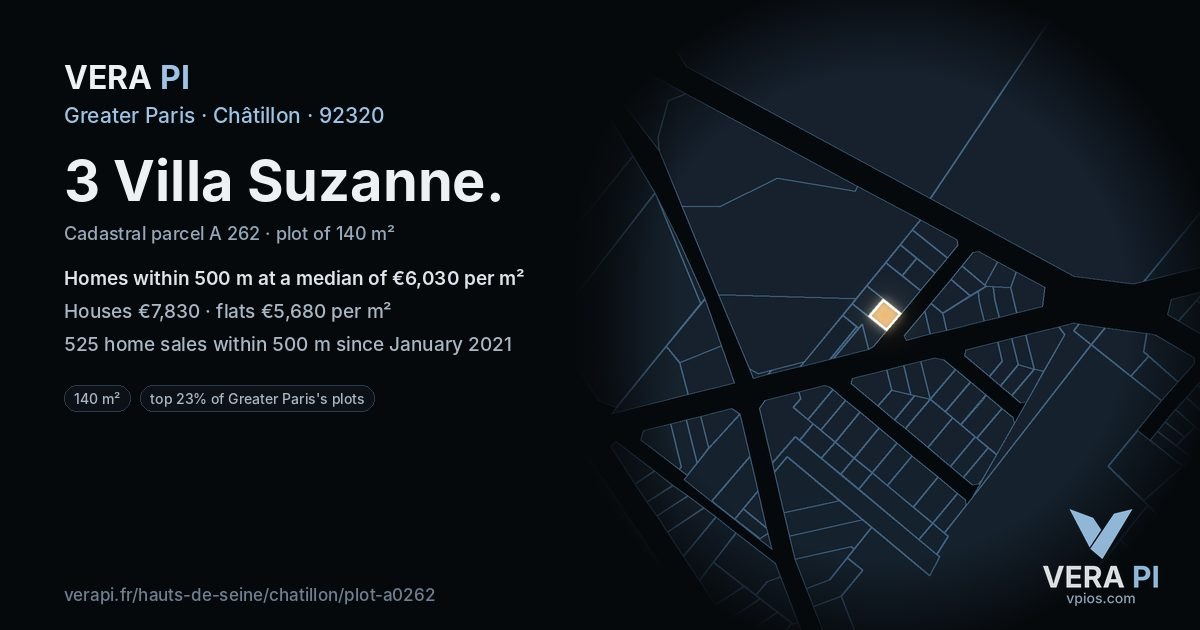 3 Villa Suzanne, Châtillon at night – the plot lit, the parcels around coloured by the prices near them