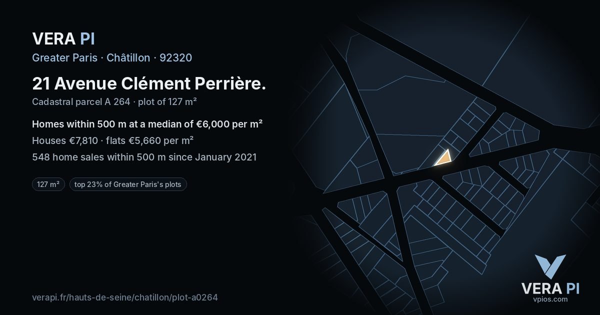21 Avenue Clément Perrière, Châtillon at night – the plot lit, the parcels around coloured by the prices near them