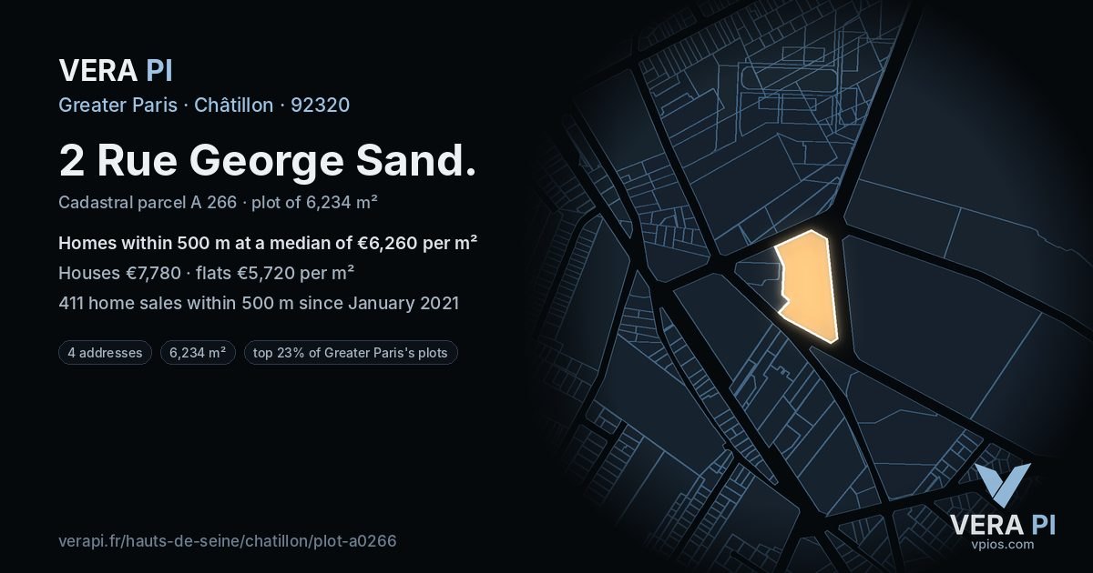 2 Rue George Sand, Châtillon at night – the plot lit, the parcels around coloured by the prices near them