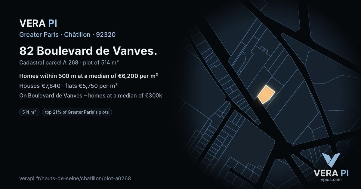 82 Boulevard de Vanves, Châtillon at night – the plot lit, the parcels around coloured by the prices near them
