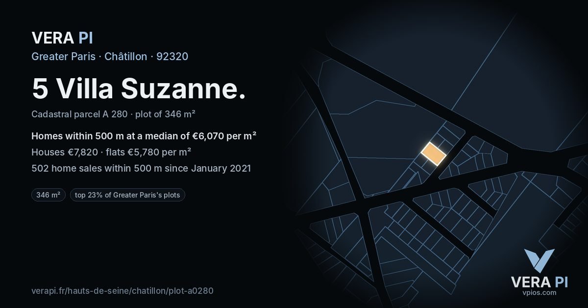 5 Villa Suzanne, Châtillon at night – the plot lit, the parcels around coloured by the prices near them
