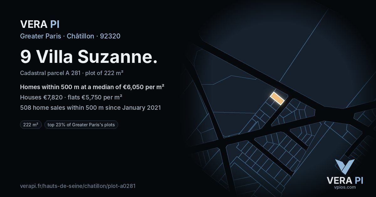 9 Villa Suzanne, Châtillon at night – the plot lit, the parcels around coloured by the prices near them
