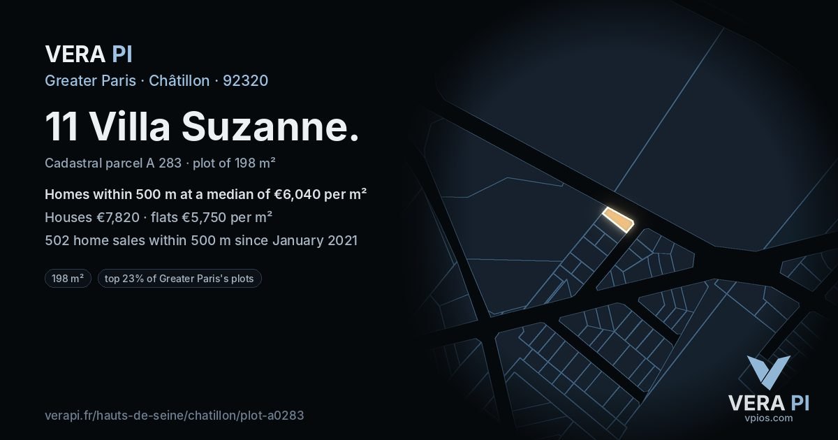 11 Villa Suzanne, Châtillon at night – the plot lit, the parcels around coloured by the prices near them