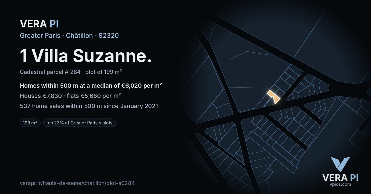 1 Villa Suzanne, Châtillon at night – the plot lit, the parcels around coloured by the prices near them