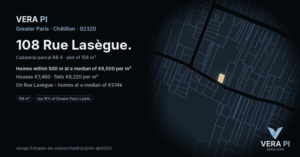 108 Rue Lasègue, Châtillon at night – the plot lit, the parcels around coloured by the prices near them