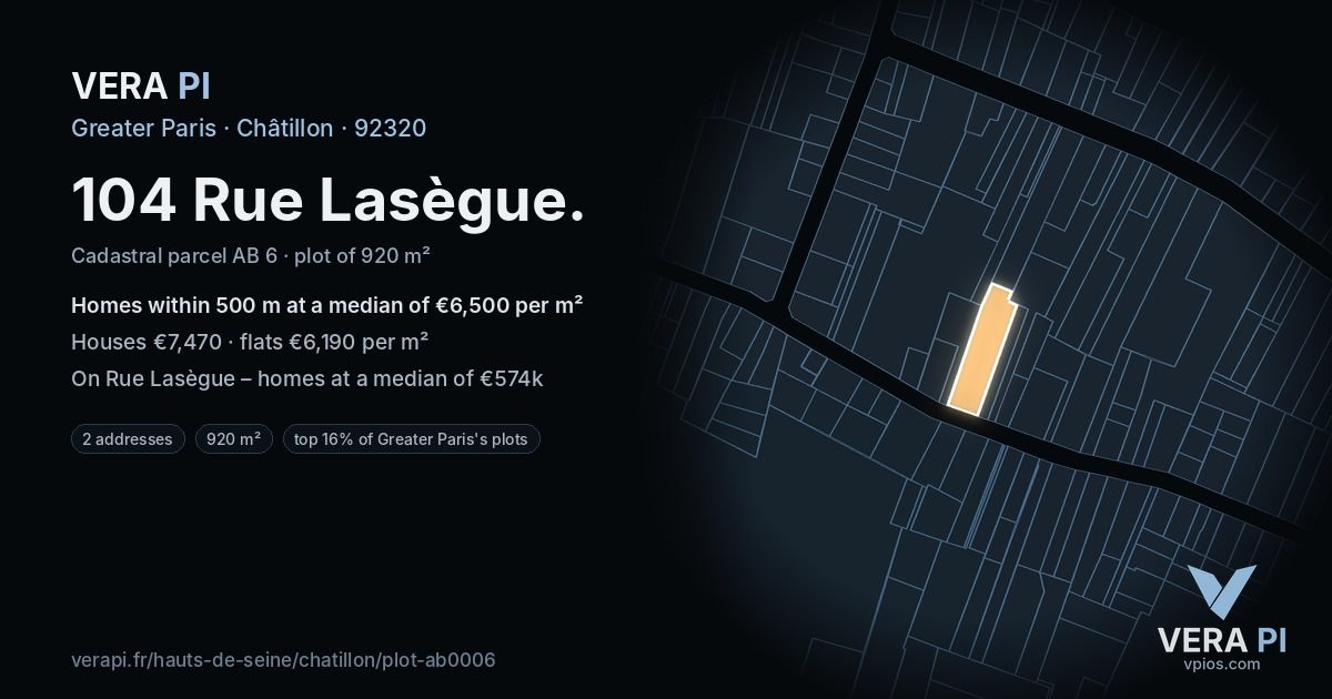 104 Rue Lasègue, Châtillon at night – the plot lit, the parcels around coloured by the prices near them