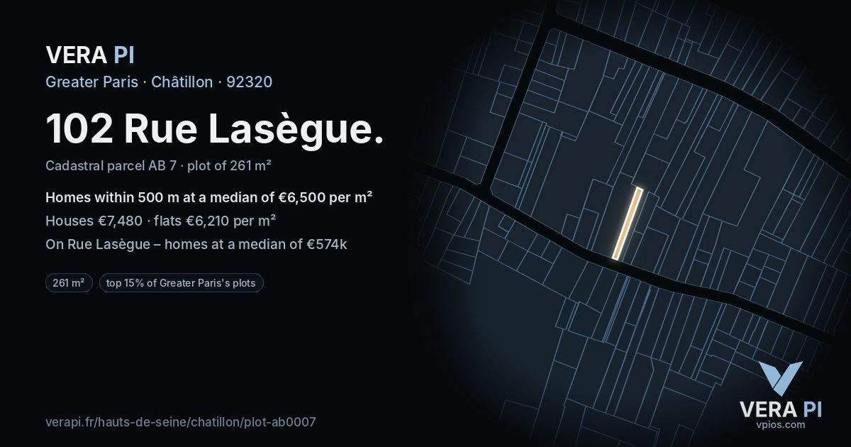 102 Rue Lasègue, Châtillon at night – the plot lit, the parcels around coloured by the prices near them