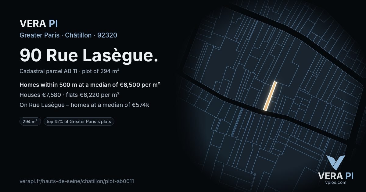 90 Rue Lasègue, Châtillon at night – the plot lit, the parcels around coloured by the prices near them