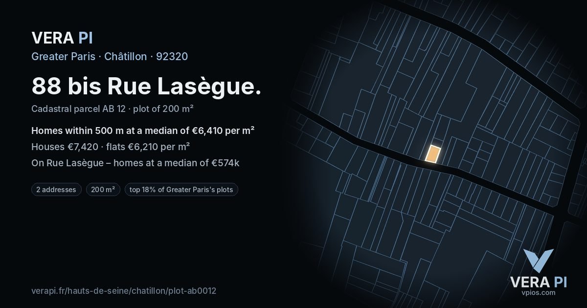 88 bis Rue Lasègue, Châtillon at night – the plot lit, the parcels around coloured by the prices near them