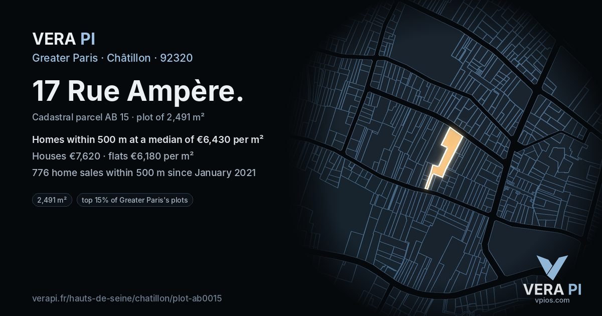 17 Rue Ampère, Châtillon at night – the plot lit, the parcels around coloured by the prices near them
