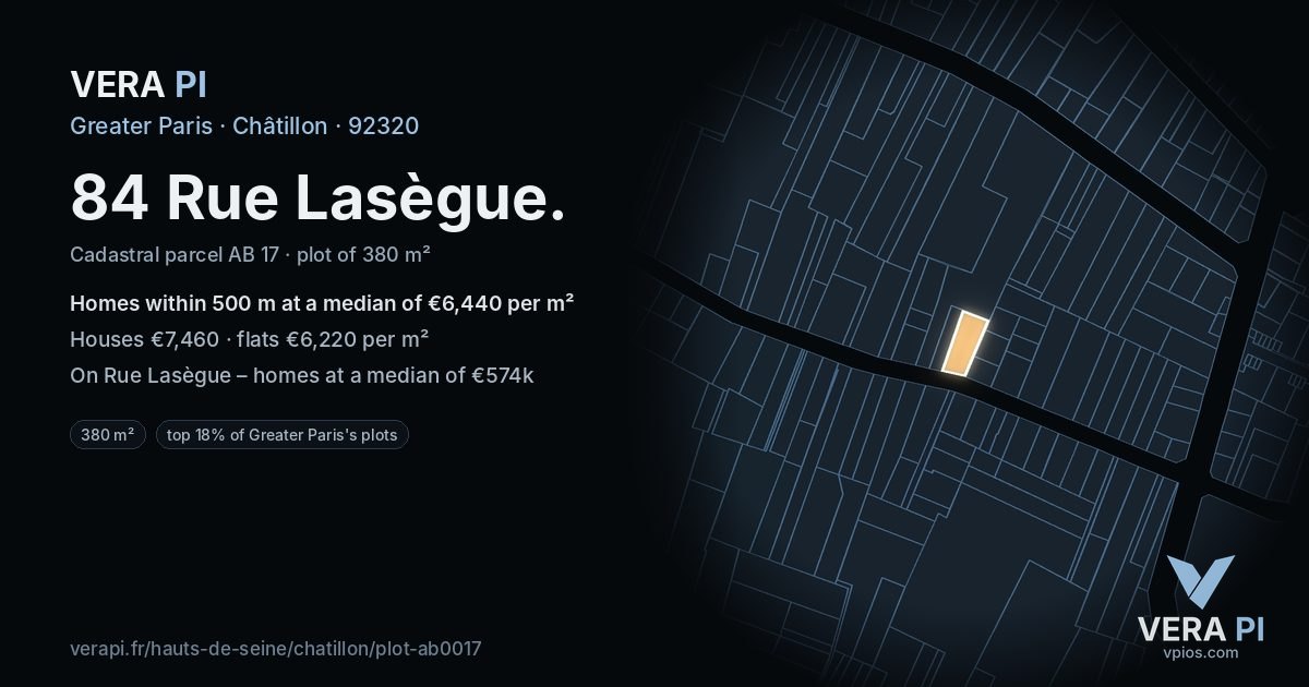 84 Rue Lasègue, Châtillon at night – the plot lit, the parcels around coloured by the prices near them