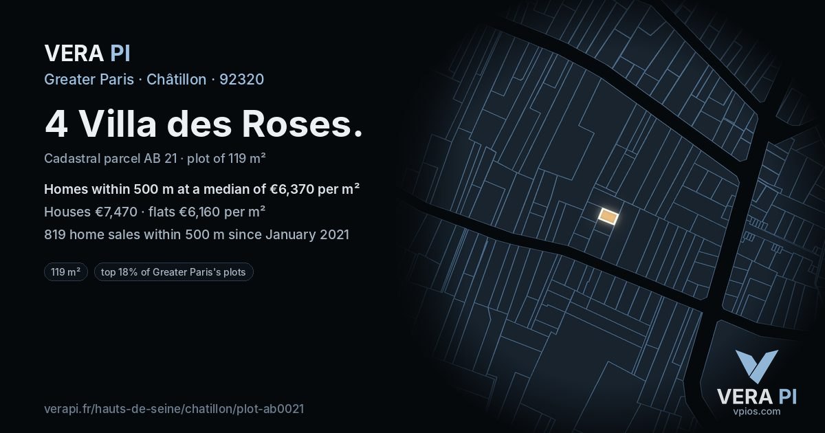 4 Villa des Roses, Châtillon at night – the plot lit, the parcels around coloured by the prices near them