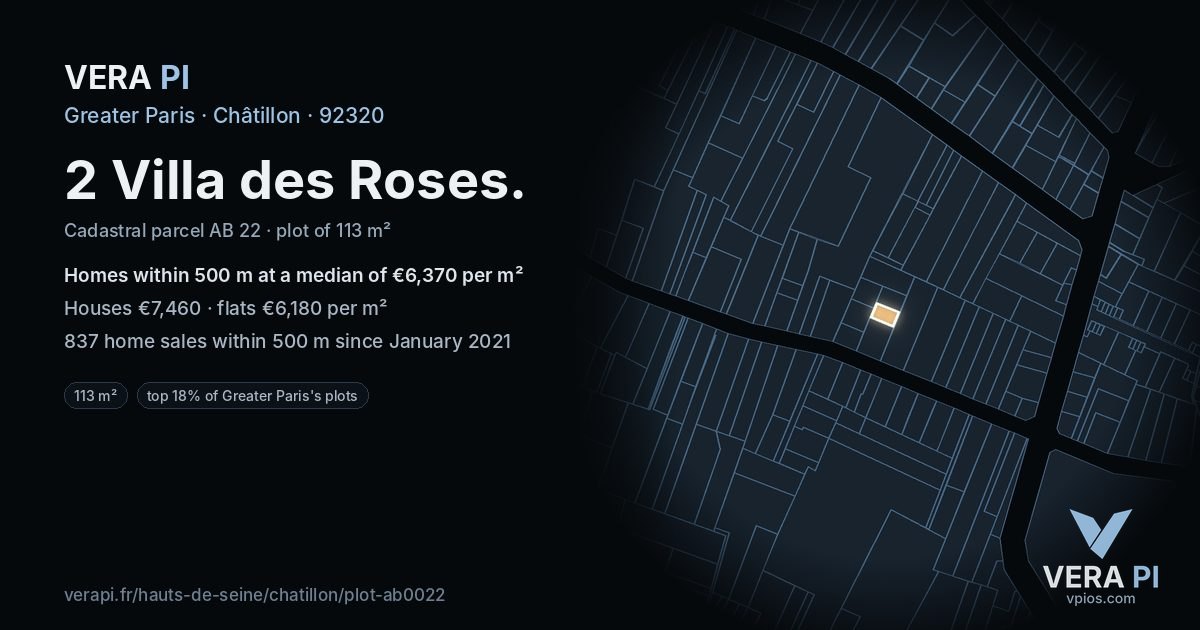2 Villa des Roses, Châtillon at night – the plot lit, the parcels around coloured by the prices near them