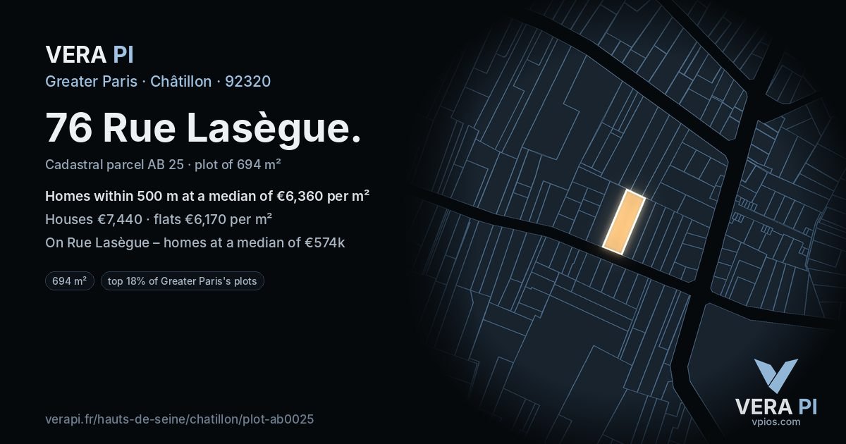 76 Rue Lasègue, Châtillon at night – the plot lit, the parcels around coloured by the prices near them