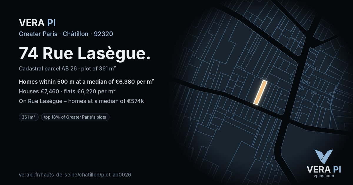 74 Rue Lasègue, Châtillon at night – the plot lit, the parcels around coloured by the prices near them