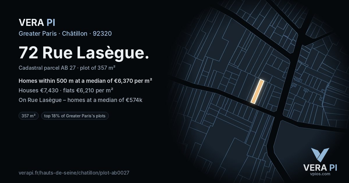 72 Rue Lasègue, Châtillon at night – the plot lit, the parcels around coloured by the prices near them