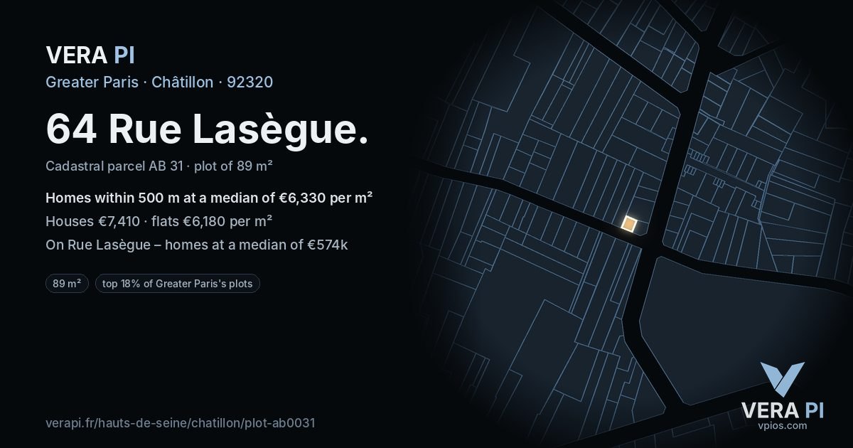 64 Rue Lasègue, Châtillon at night – the plot lit, the parcels around coloured by the prices near them