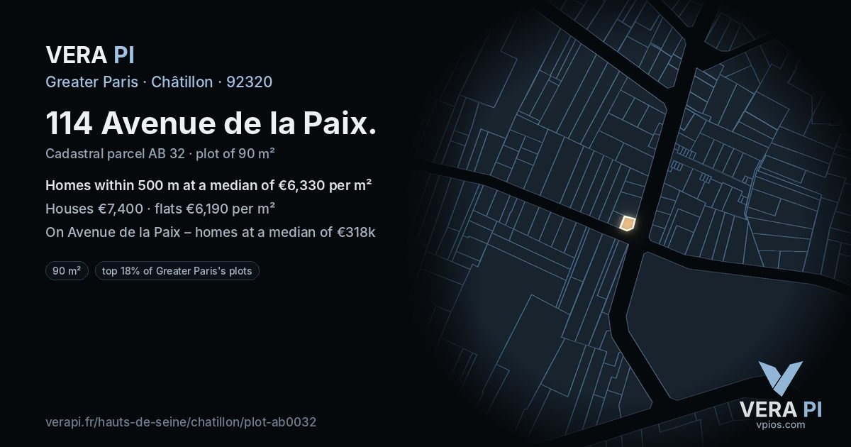 114 Avenue de la Paix, Châtillon at night – the plot lit, the parcels around coloured by the prices near them