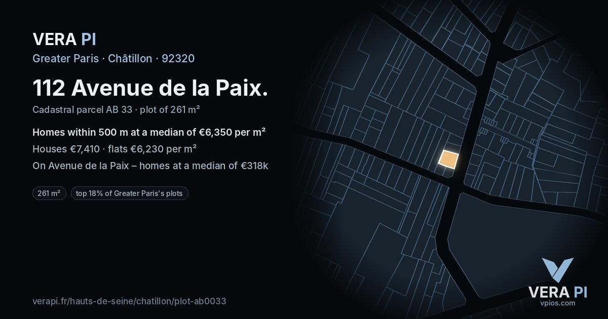 112 Avenue de la Paix, Châtillon at night – the plot lit, the parcels around coloured by the prices near them