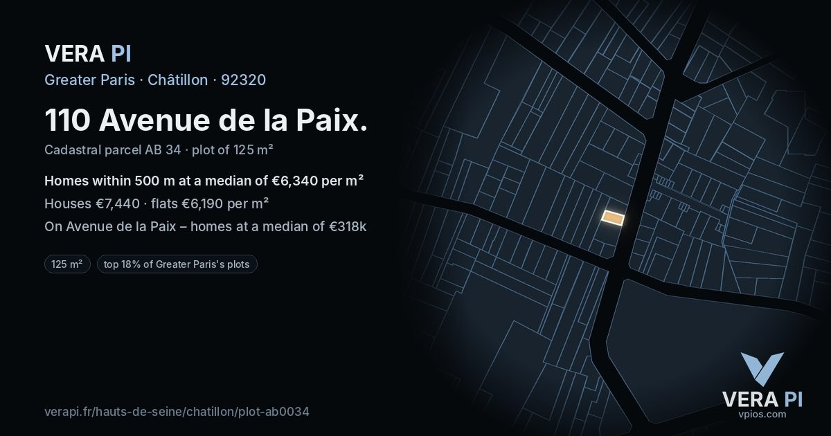 110 Avenue de la Paix, Châtillon at night – the plot lit, the parcels around coloured by the prices near them