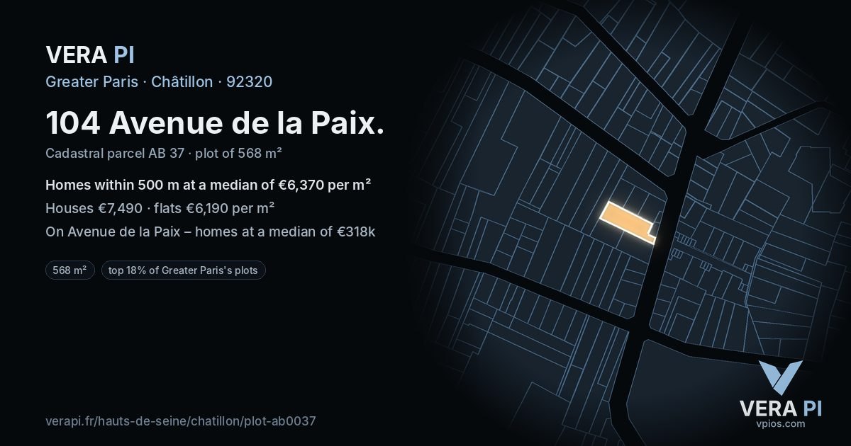 104 Avenue de la Paix, Châtillon at night – the plot lit, the parcels around coloured by the prices near them