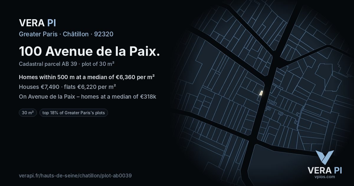 100 Avenue de la Paix, Châtillon at night – the plot lit, the parcels around coloured by the prices near them