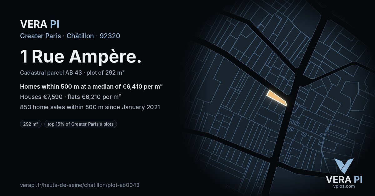 1 Rue Ampère, Châtillon at night – the plot lit, the parcels around coloured by the prices near them