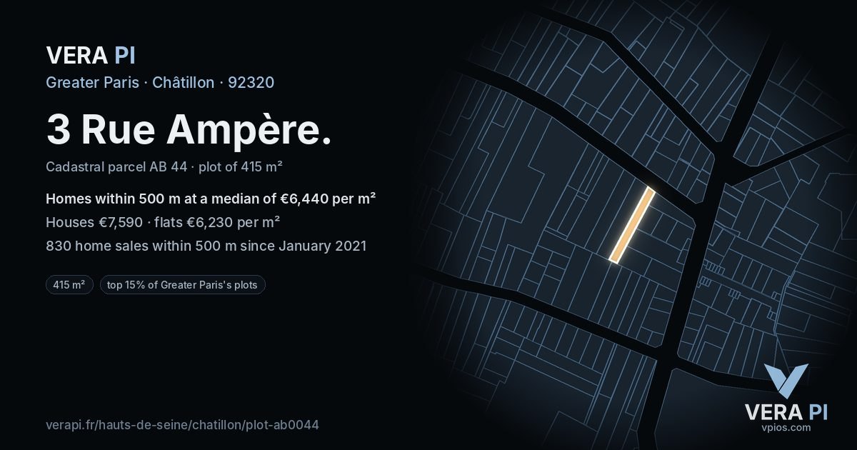 3 Rue Ampère, Châtillon at night – the plot lit, the parcels around coloured by the prices near them