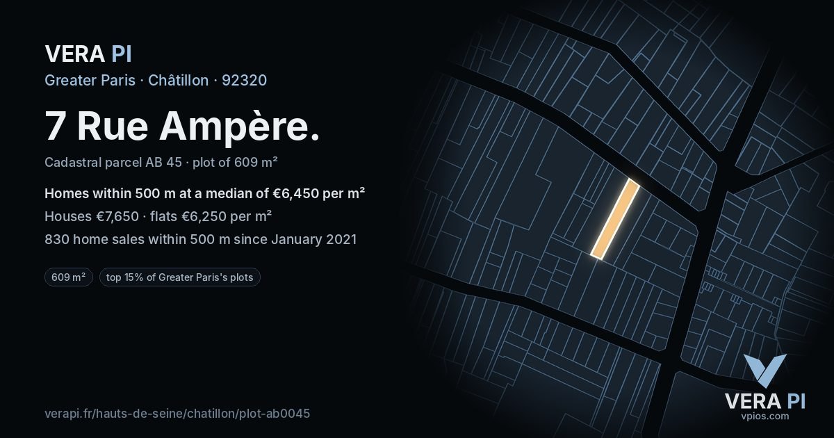 7 Rue Ampère, Châtillon at night – the plot lit, the parcels around coloured by the prices near them