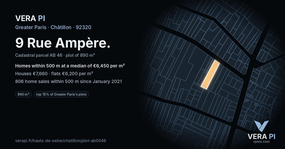 9 Rue Ampère, Châtillon at night – the plot lit, the parcels around coloured by the prices near them