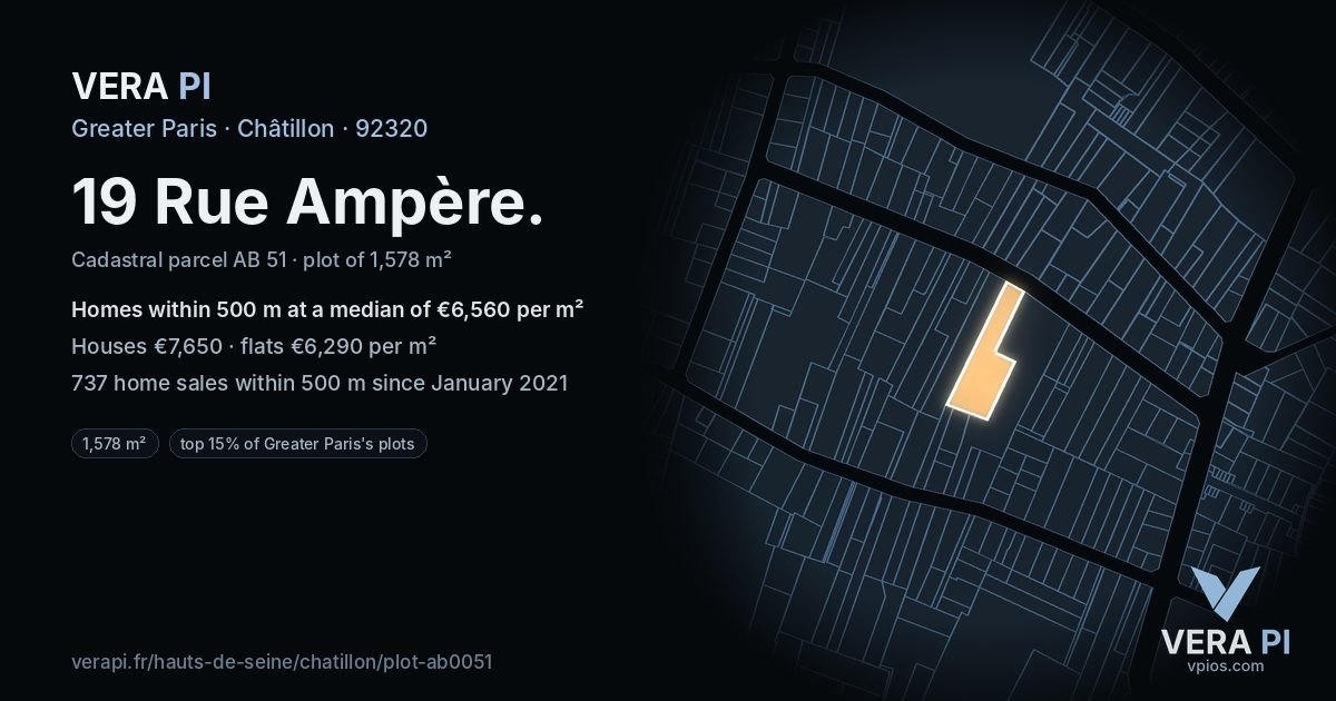19 Rue Ampère, Châtillon at night – the plot lit, the parcels around coloured by the prices near them