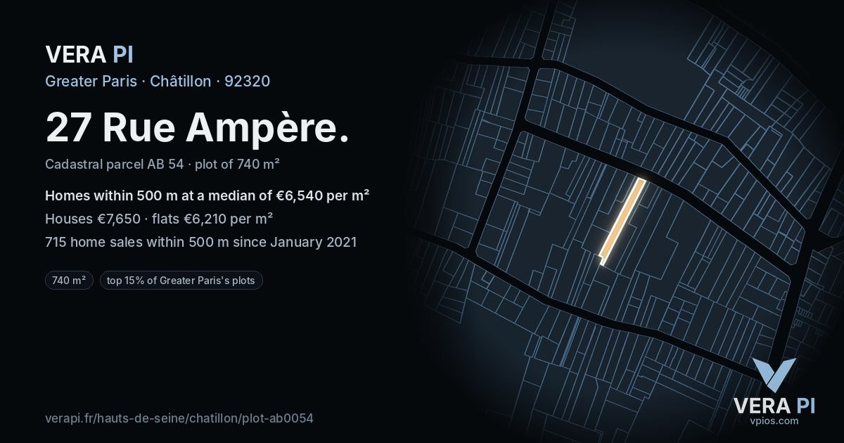 27 Rue Ampère, Châtillon at night – the plot lit, the parcels around coloured by the prices near them