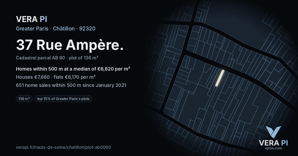 37 Rue Ampère, Châtillon at night – the plot lit, the parcels around coloured by the prices near them