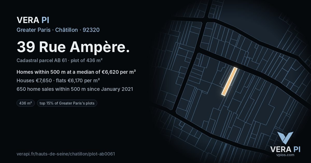 39 Rue Ampère, Châtillon at night – the plot lit, the parcels around coloured by the prices near them