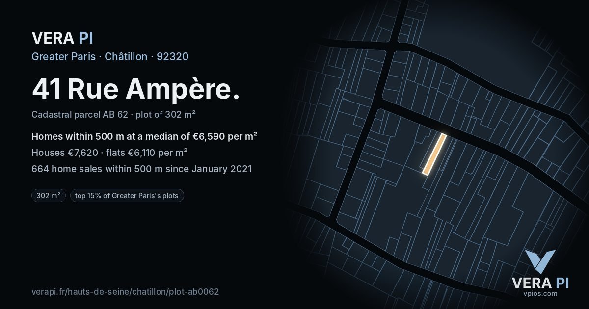 41 Rue Ampère, Châtillon at night – the plot lit, the parcels around coloured by the prices near them