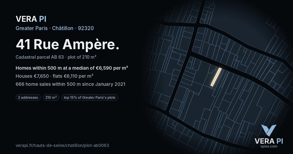 41 Rue Ampère, Châtillon at night – the plot lit, the parcels around coloured by the prices near them