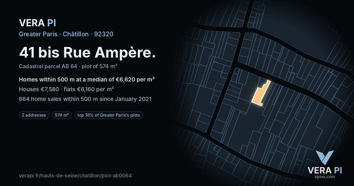 41 bis Rue Ampère, Châtillon at night – the plot lit, the parcels around coloured by the prices near them