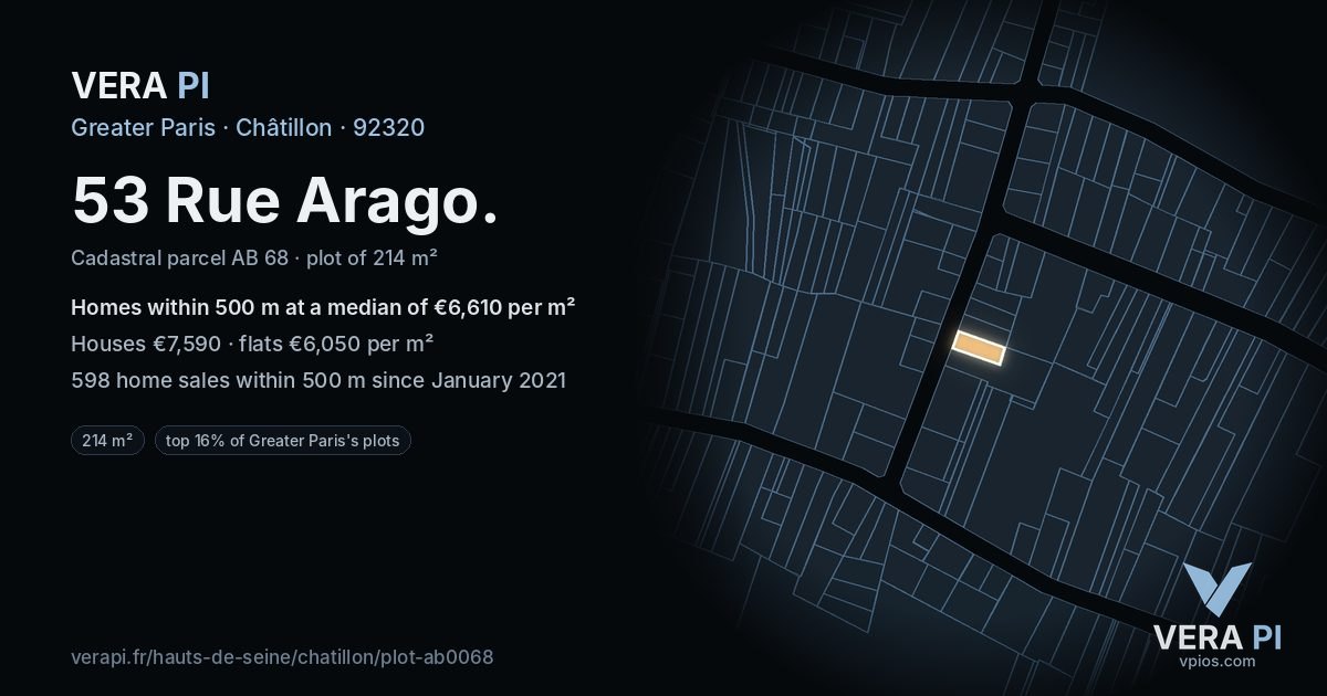 53 Rue Arago, Châtillon at night – the plot lit, the parcels around coloured by the prices near them