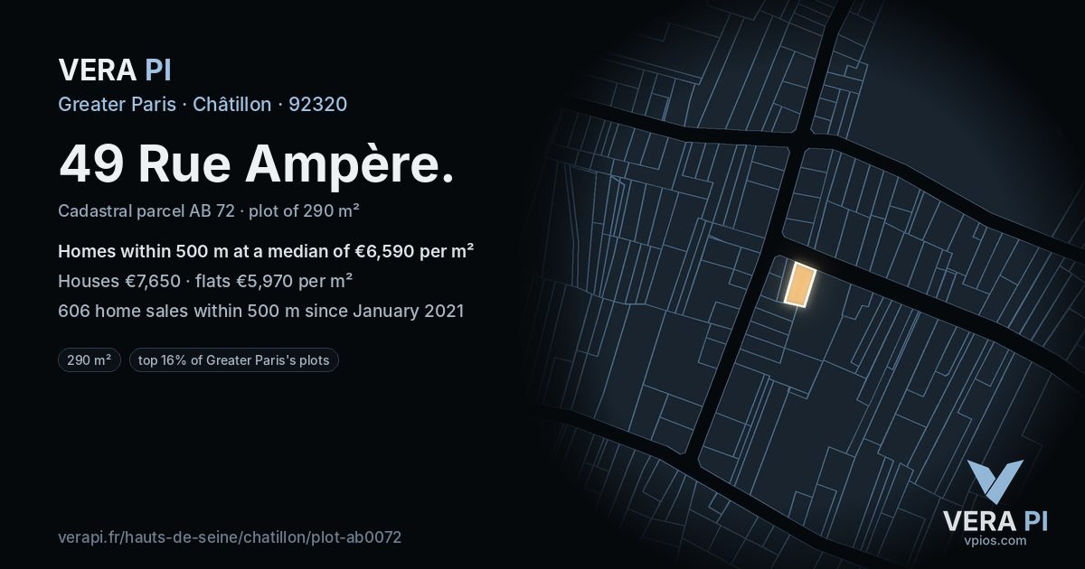 49 Rue Ampère, Châtillon at night – the plot lit, the parcels around coloured by the prices near them