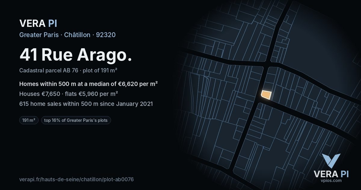 41 Rue Arago, Châtillon at night – the plot lit, the parcels around coloured by the prices near them