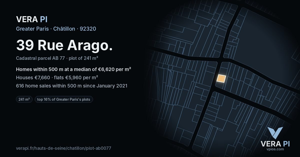 39 Rue Arago, Châtillon at night – the plot lit, the parcels around coloured by the prices near them