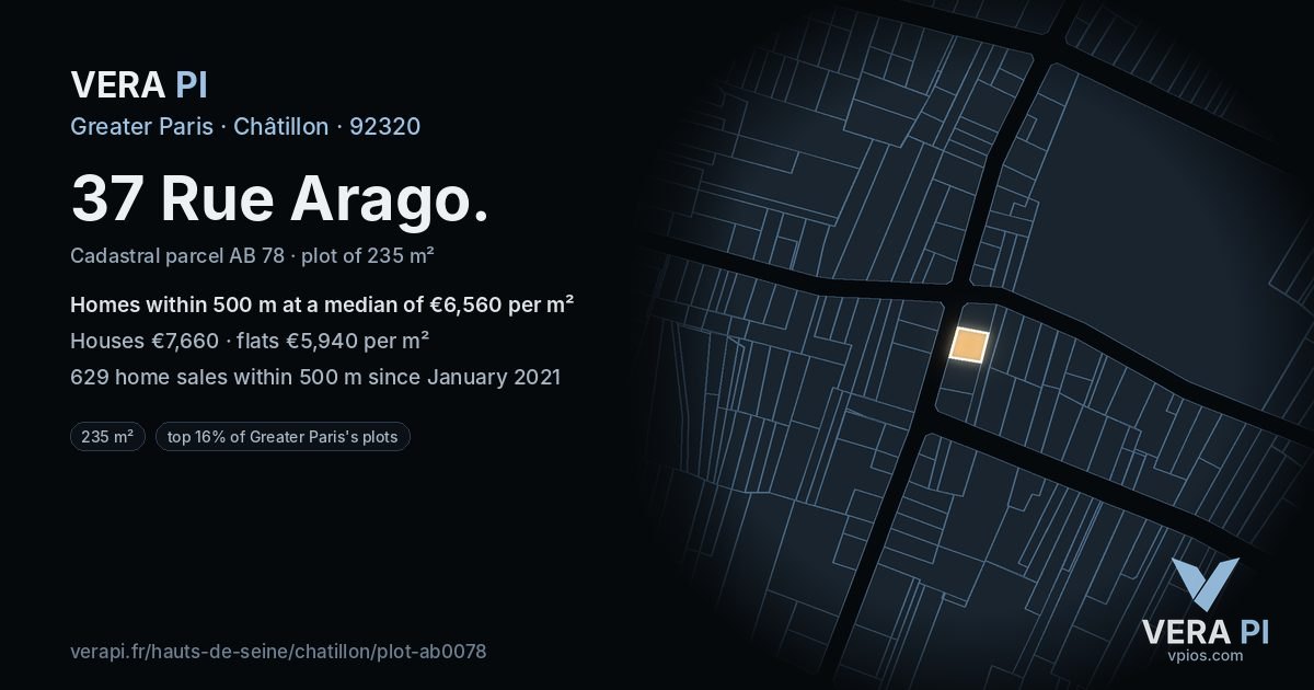 37 Rue Arago, Châtillon at night – the plot lit, the parcels around coloured by the prices near them