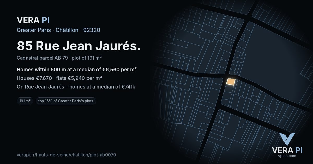 85 Rue Jean Jaurés, Châtillon at night – the plot lit, the parcels around coloured by the prices near them