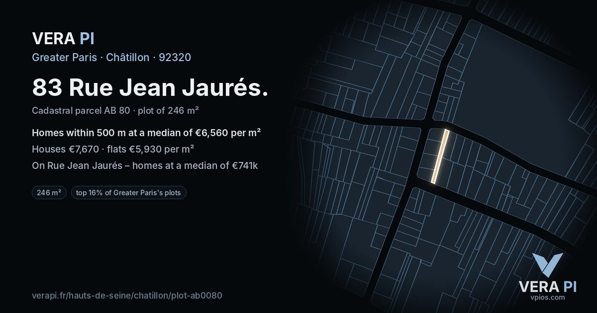 83 Rue Jean Jaurés, Châtillon at night – the plot lit, the parcels around coloured by the prices near them