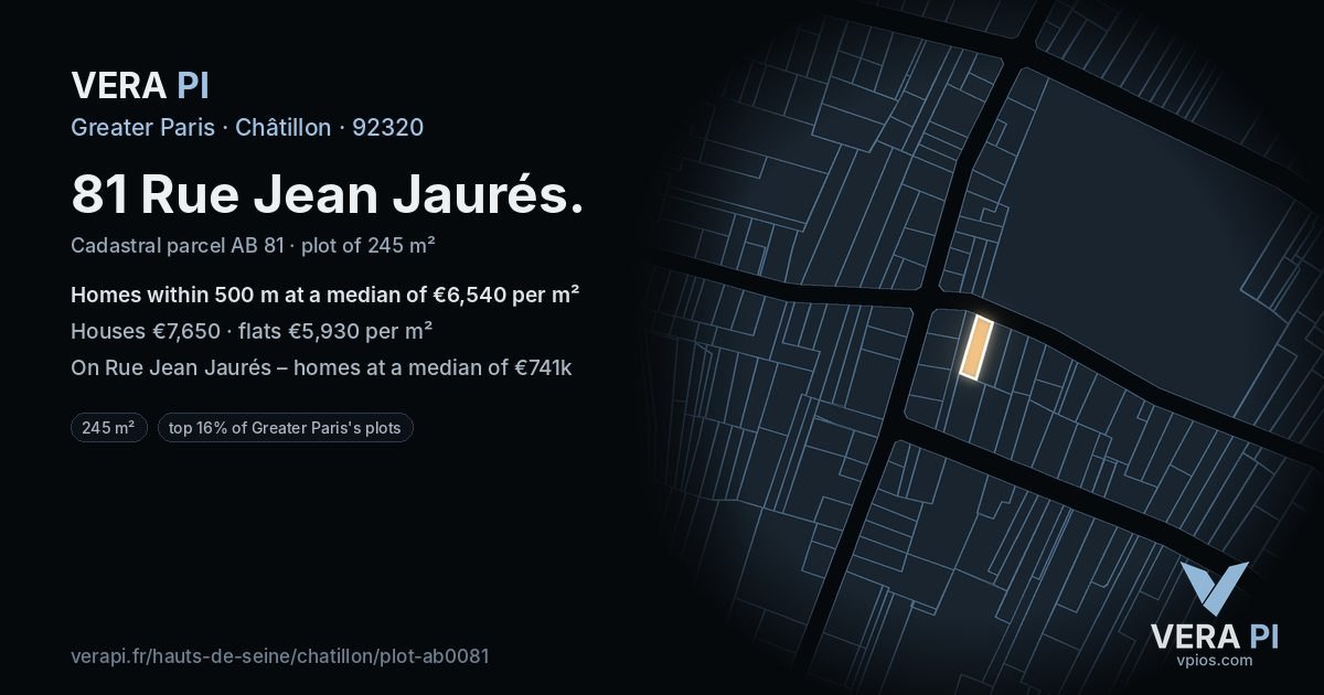 81 Rue Jean Jaurés, Châtillon at night – the plot lit, the parcels around coloured by the prices near them