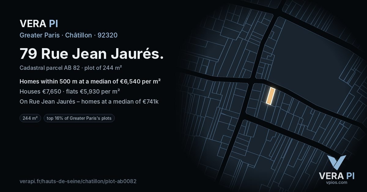 79 Rue Jean Jaurés, Châtillon at night – the plot lit, the parcels around coloured by the prices near them